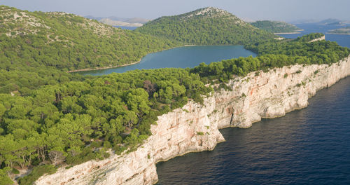 Aerial view of telascica nature park, with the cliffs and salt lake mir