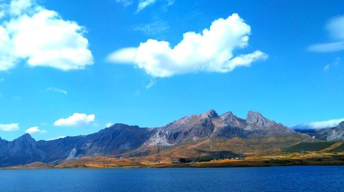 Scenic view of lake against cloudy sky