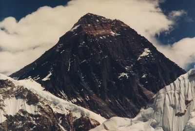 Low angle view of mountain against cloudy sky