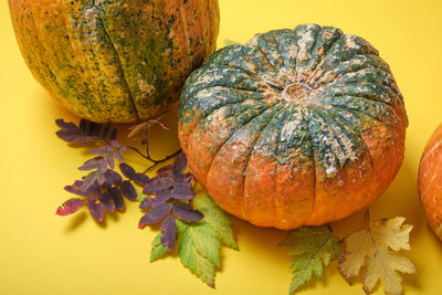 Close-up of pumpkins on table against orange background