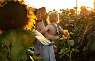 Beautiful mother holds a little son in her arms in a field of sunflowers at sunset