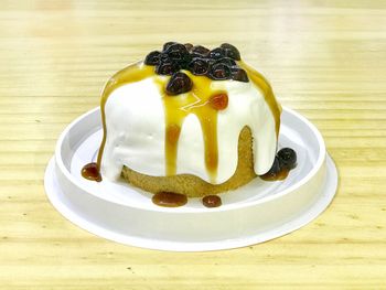 High angle view of cake in plate on table