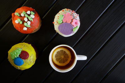 High angle view of dessert served on table