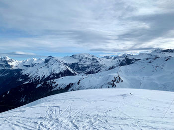 Scenic view of snowcapped mountains against sky