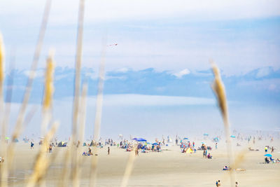 People at beach against sky