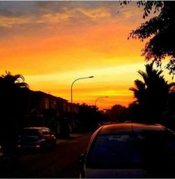 Cars on street against orange sky