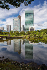 Reflection of building in lake against sky