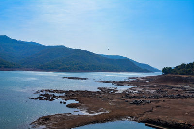 Scenic view of sea and mountains against clear blue sky