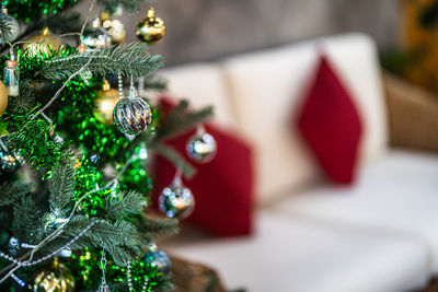 Close-up of christmas decorations on table