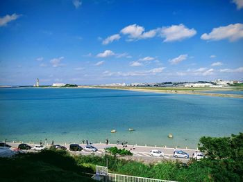 High angle view of sea against blue sky