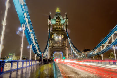 Light trails on bridge at night