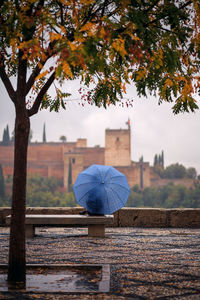 Rear view of person sitting on bench against histocical building