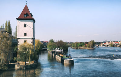 Scenic view of canal amidst buildings against sky