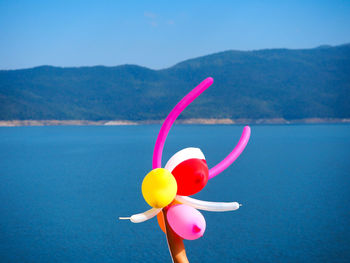 Multi colored balloons at beach against sky