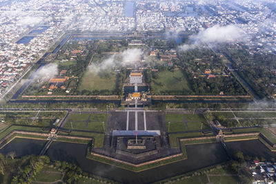 High angle view of city buildings