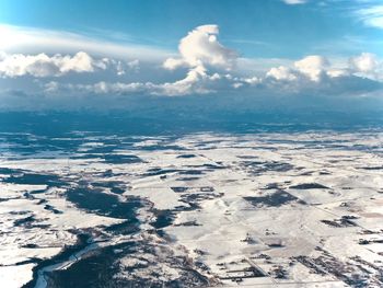 Scenic view of snow covered land against sky