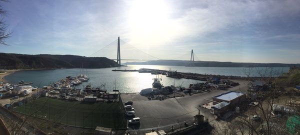Panoramic view of suspension bridge over sea against sky