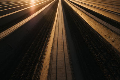 High angle view of railroad tracks at night