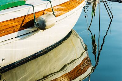 High angle view of fishing boat in the harbour.