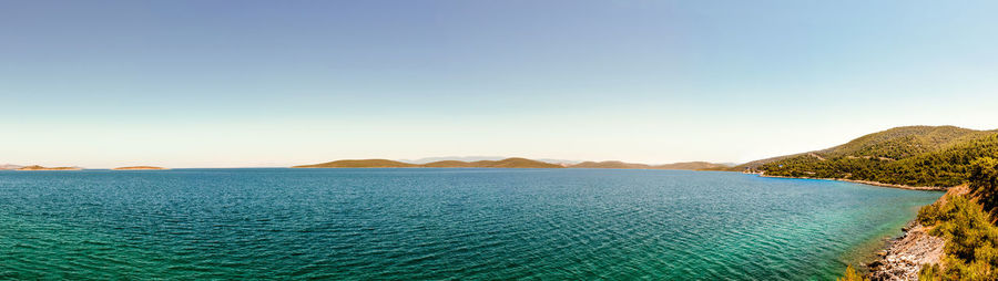 Scenic view of sea against clear blue sky