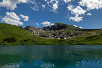 Scenic view of lake and mountains against sky