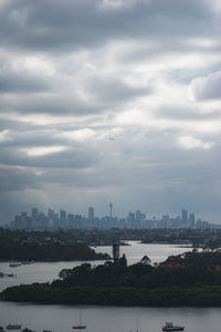 City by river against sky