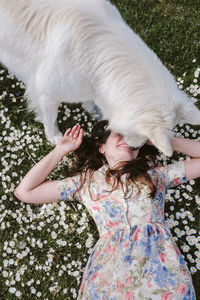 Midsection of woman with dog at home