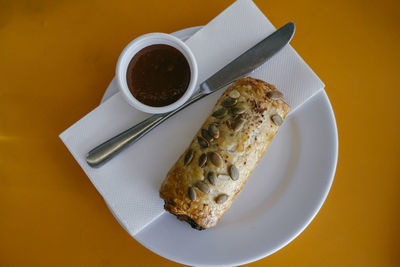 High angle view of breakfast on table