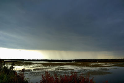 Scenic view of lake against sky at night