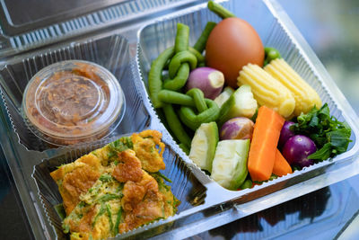 High angle view of food in tray