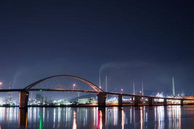 Suspension bridge over river at night