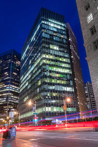 View of city lit up at night