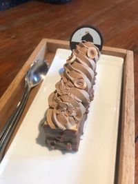 High angle view of chocolate cake on table