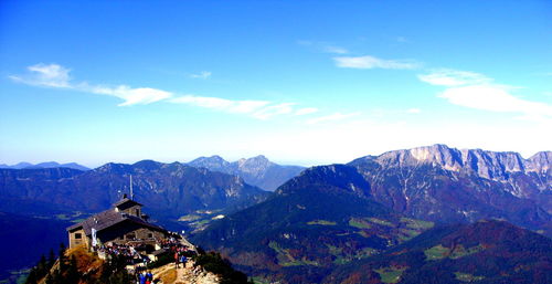 High angle view of house on mountain against sky