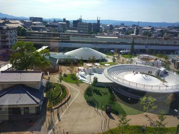 High angle view of buildings against sky