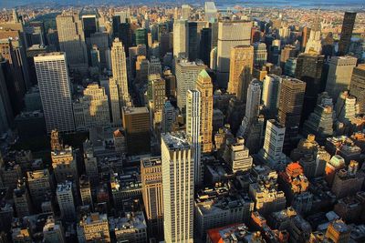 High angle view of modern buildings in city