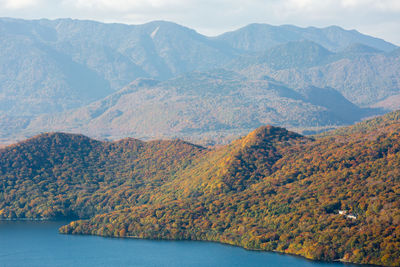 Scenic view of lake and mountains against sky