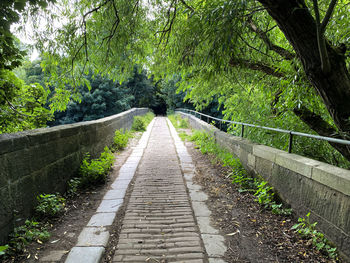 An old stone cobbled bridge, with overhanging trees in, carverley, leeds, uk