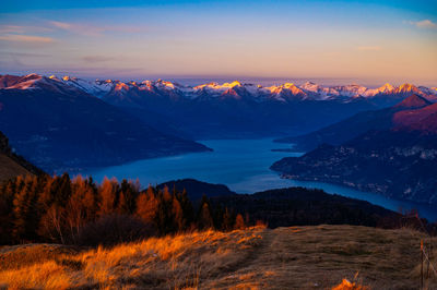 Panorama of lake como, photographed in winter, at sunset, from monte san primo.