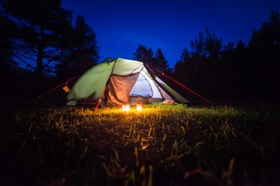 Road passing through field against sky at night