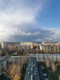 High angle view of buildings in city against sky