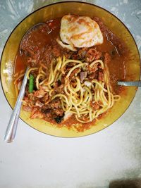 High angle view of meal served on table