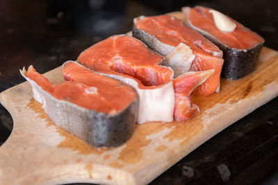 Red salmon fish. salmon steaks. healthy eating red salmon fish. photo on fish production.