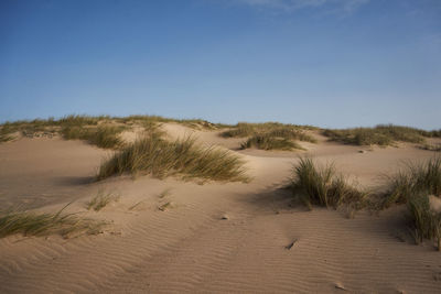Scenic view of sand dunes against sky