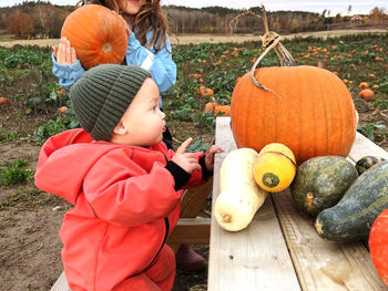 High angle view of boy playing with pumpkin