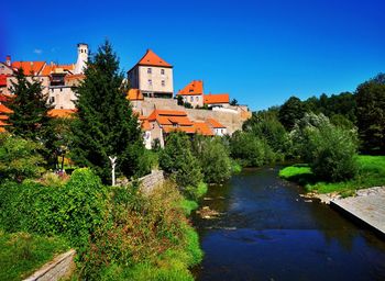 Plants by river and buildings against clear blue sky