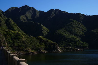 Scenic view of river by mountains against clear sky