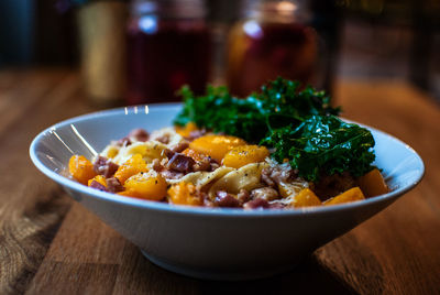 Close-up of food served in bowl on table