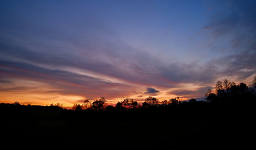 Silhouette trees against dramatic sky during sunset