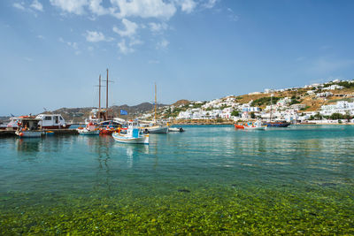 Sailboats moored in harbor by buildings against sky